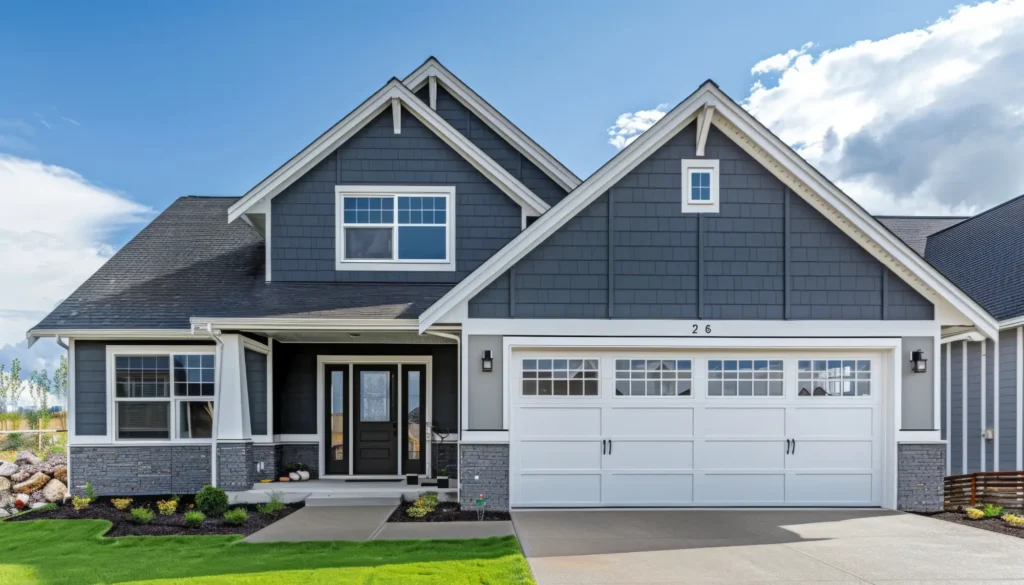 Gray craftsman-style two-story house with white trim and double garage under blue sky