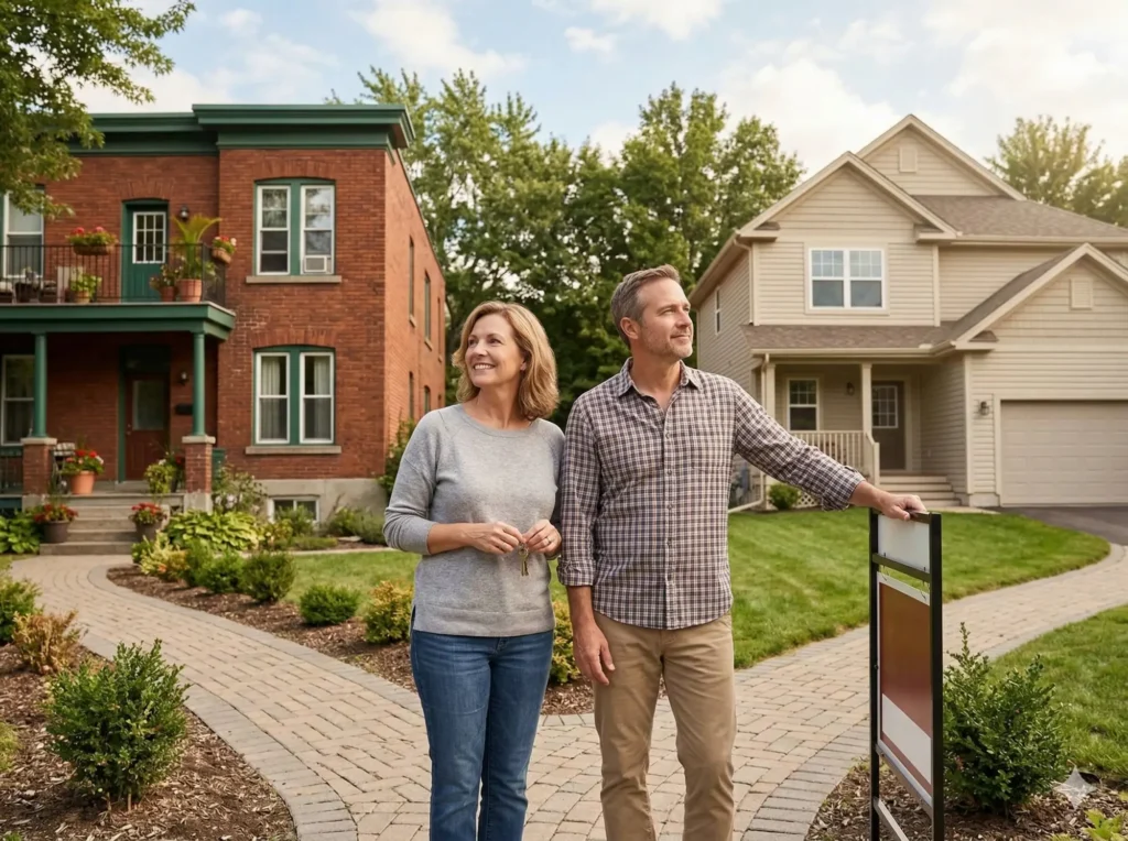 Couple standing between a brick rowhome and a suburban single-family house considering housing options