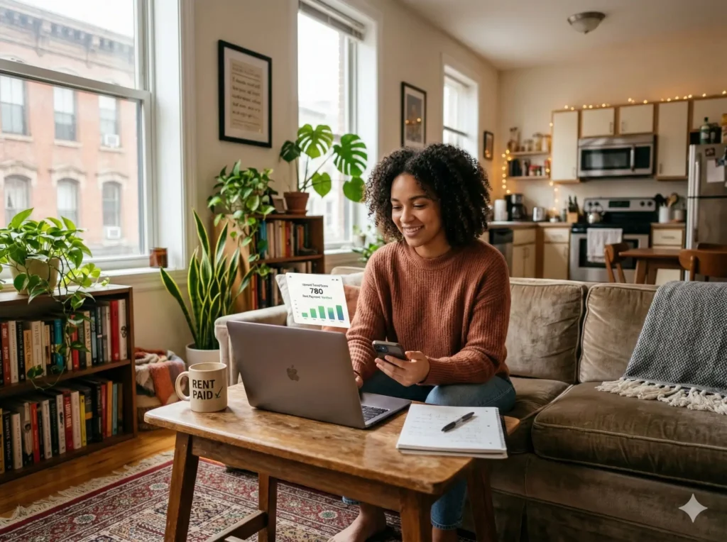Smiling renter using laptop and phone on a couch in a plant-filled apartment with a 'Rent Paid' mug