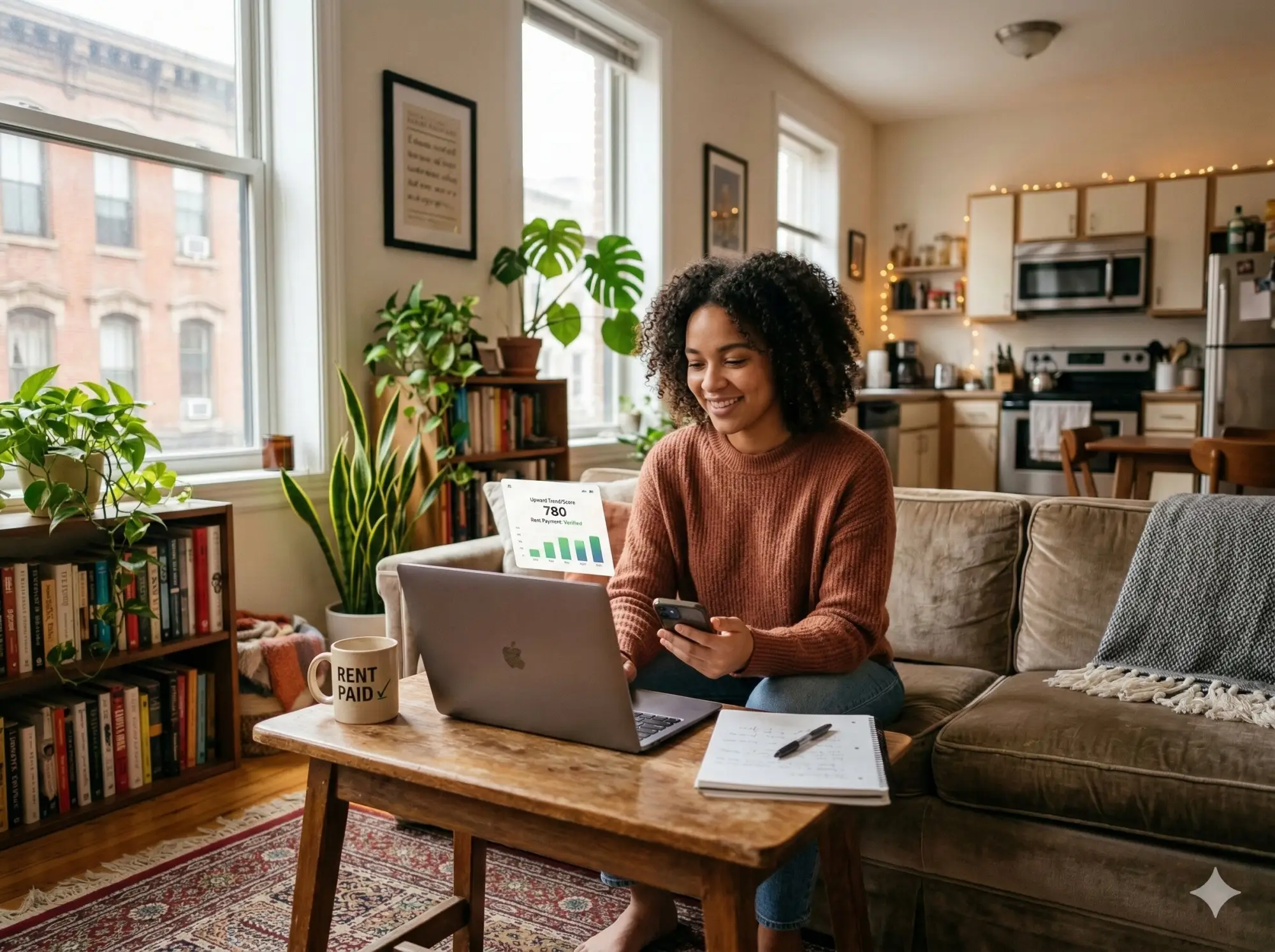 Renter Building Credit at Home Smiling renter using laptop and phone on a couch in a plant-filled apartment with a 'Rent Paid' mug