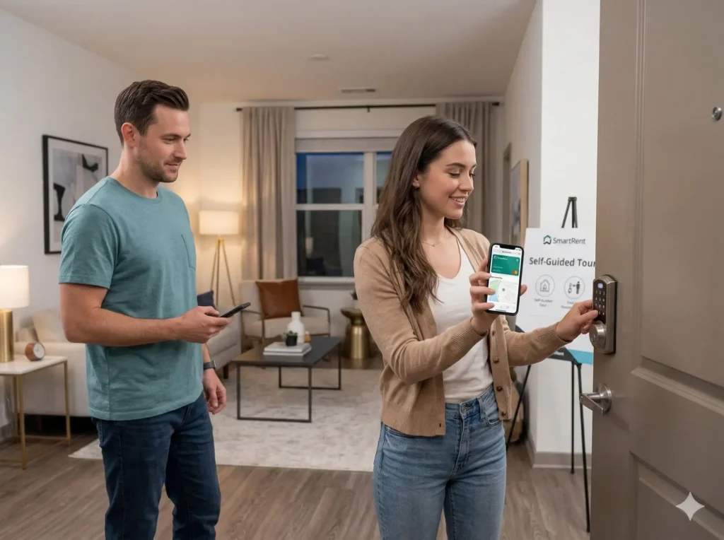 Couple using a smartphone to unlock a front door for a self-guided apartment tour