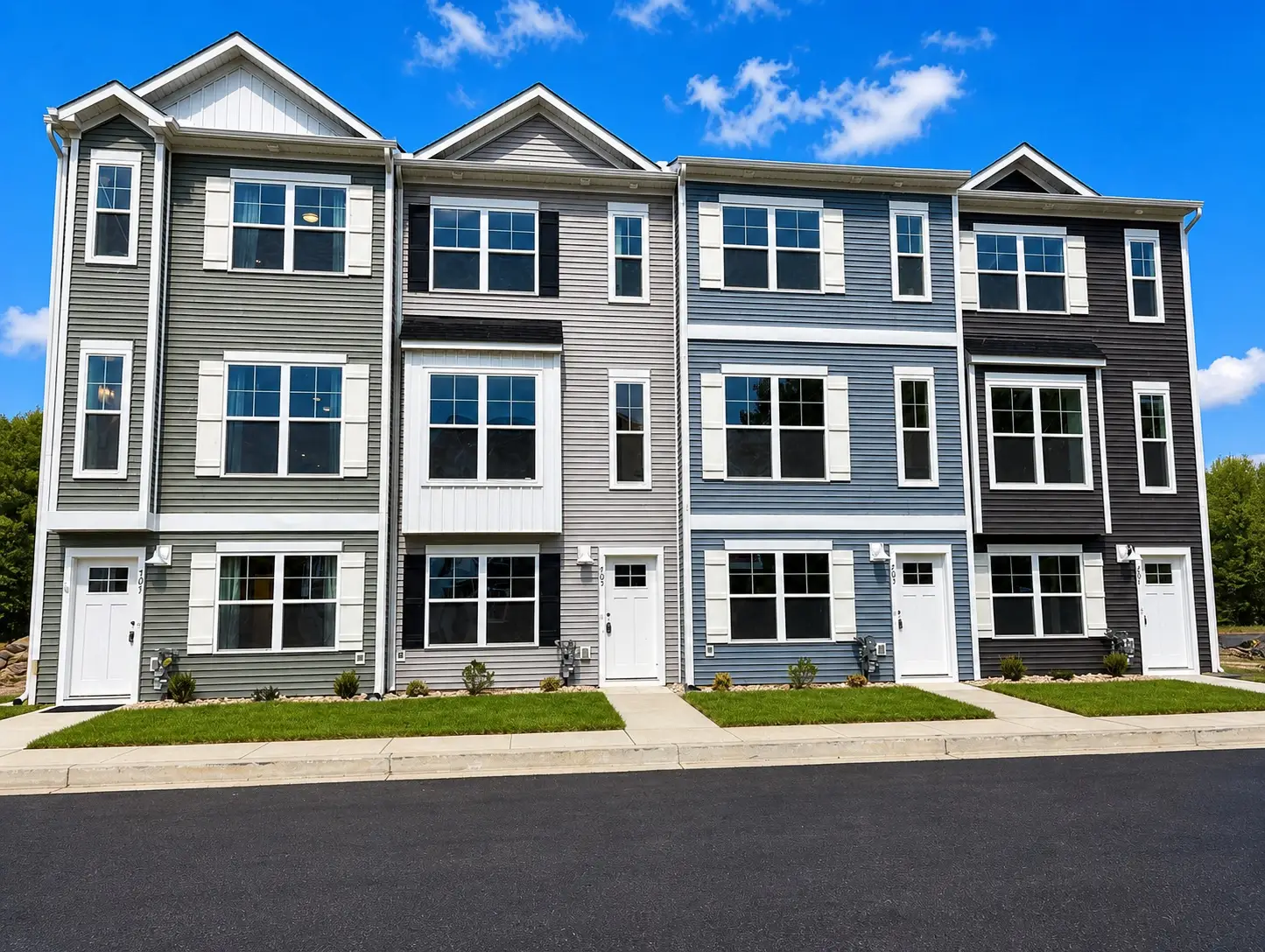 Three-story Holly Oaks townhomes in Aberdeen, MD with blue and gray siding under a clear sky