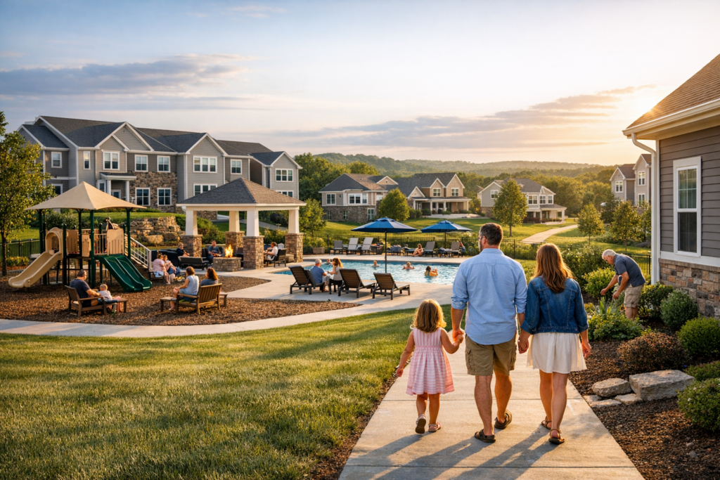 Family walking toward pool, playground and homes in a Burkentine-managed Hanover, PA community at sunset